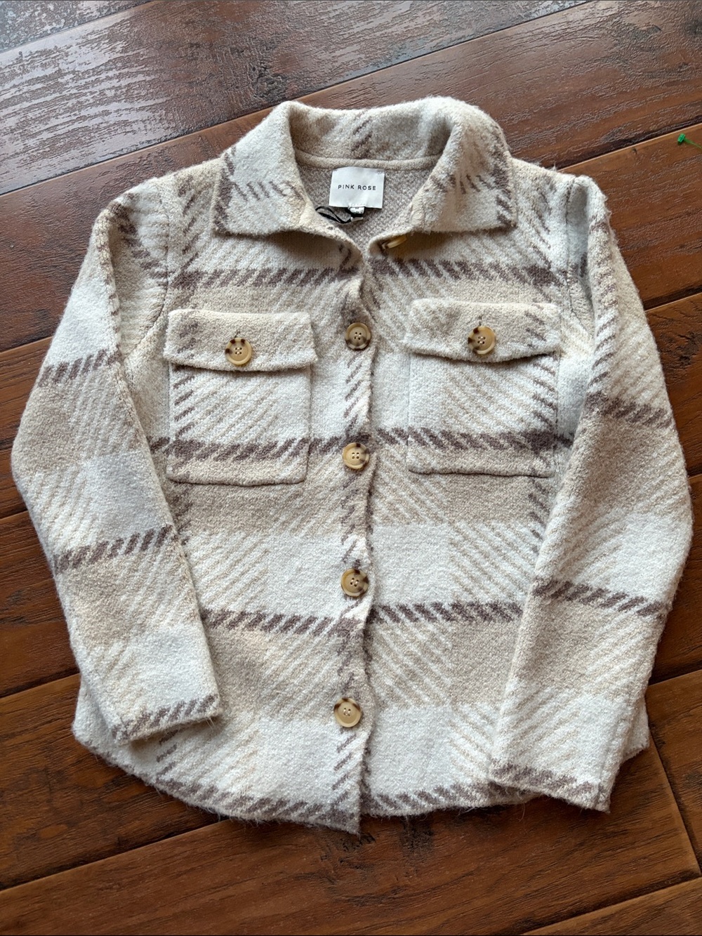 Pink Rose Cream & Tan Plaid Button-Up Shacket - - Size Medium